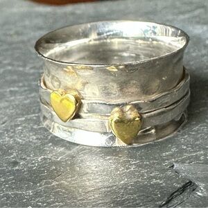 Martha Jackson Sterling Silver Mixed Metal Spinning Hearts Ring - Size 10